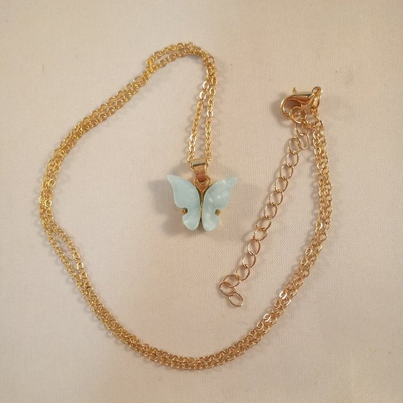 Gold Plated Blue Opal Resin Butterfly Pendant Chain Necklace 18" Party Gift - Picture 3 of 3